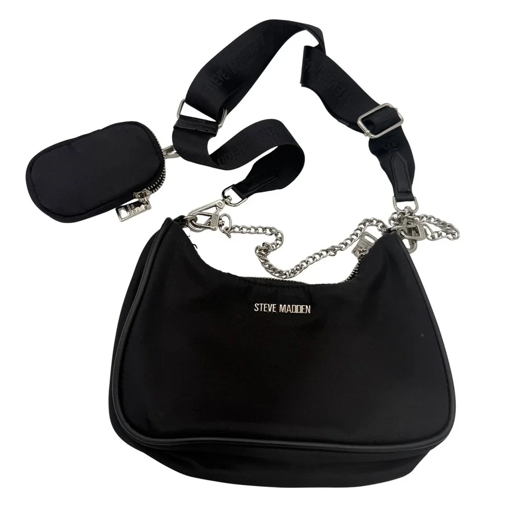 Steve Madden BVital Black Nylon Crossbody Bag with Detachable Pouch & Chain
